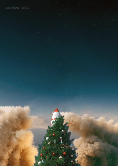 Animation of a rocket disguised as a Christmas tree launching into space