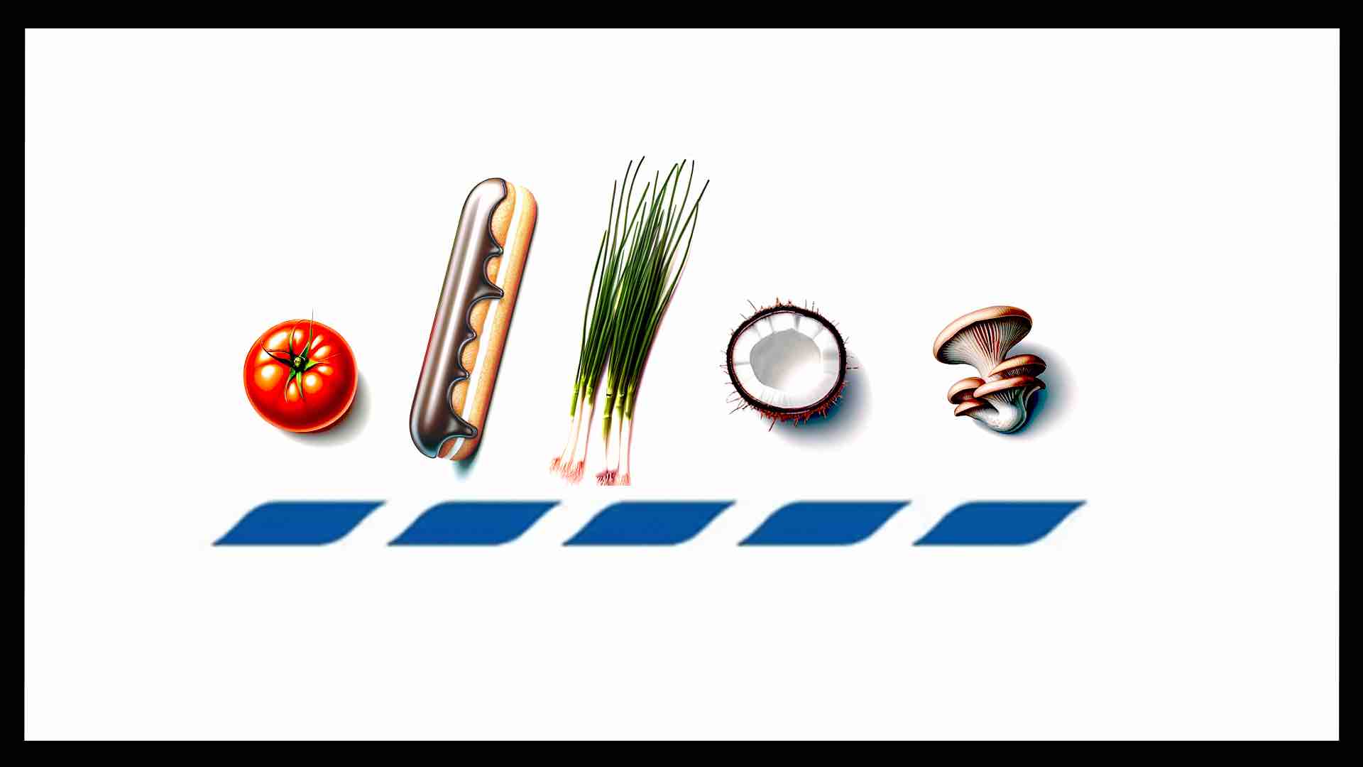 A tomato, eclair, spring onions, coconut half and oyster mushrooms Tesco's billboard features food items above blue chevrons in a row on a white background 