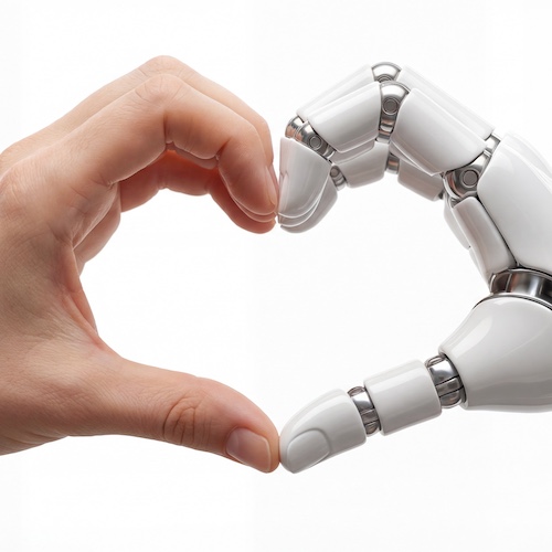 A robot and human hand meet to form a heart shape