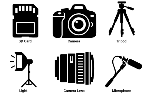 Icons of 6 pieces of equipment which are essential for a video shoot: an SD card, a camera, a microphone, a light, a camera lens and a tripod